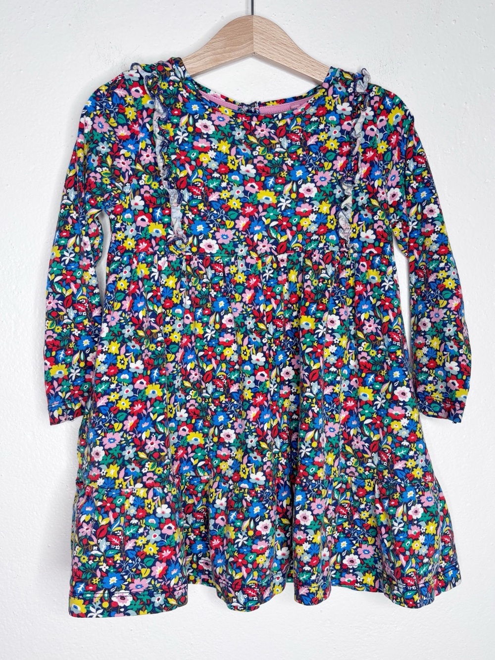 Mini Boden Multicolor Floral Dress Ruffle Front Pockets Long Sleeve 3-4 yrs